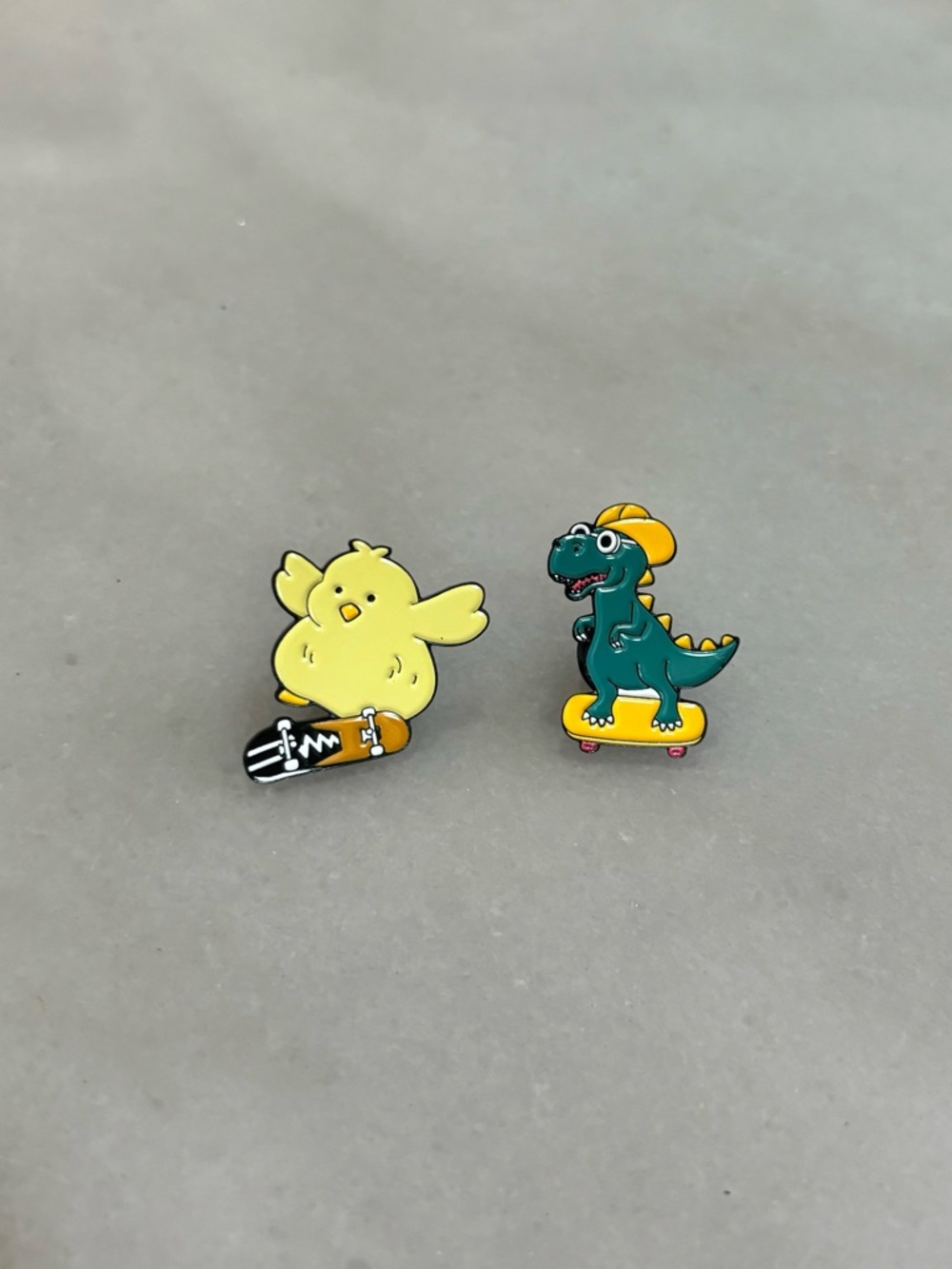 Cute Chick and Dino Skateboard Enamel Pin Set